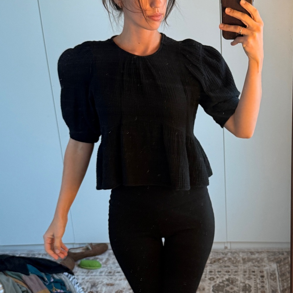 Cotton Gauze Black Puff Sleeve Top